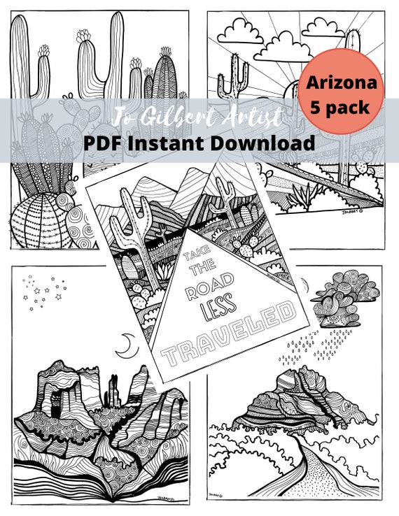 Printable coloring pages designs to print and color at home perfect as wall art instant pdf and jpeg downloads arizona landscapes instant download