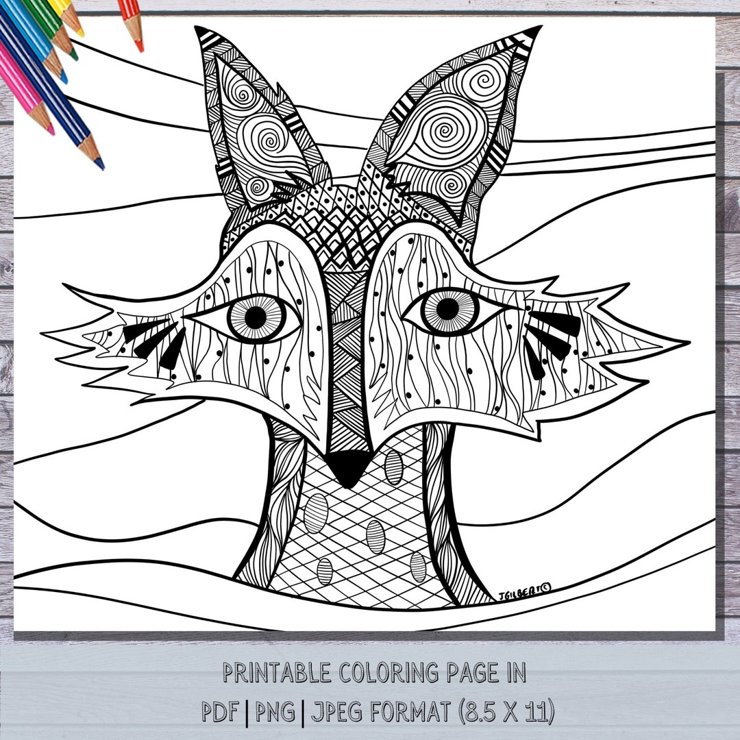 Fox coloring page pdf png jpeg instant download print and color at home printable coloring page animal coloring hand illustrated