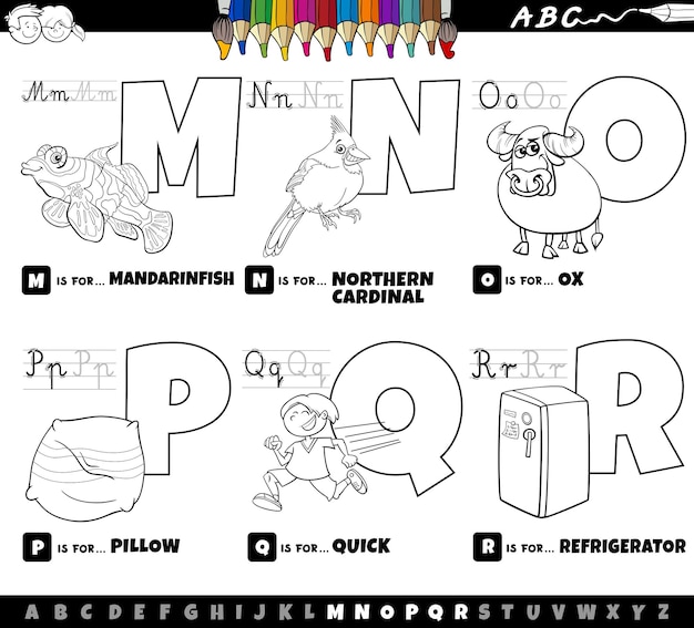 Desenho de letras do alfabeto educacional conjunto de m a r para colorir e imprimir vetor premium