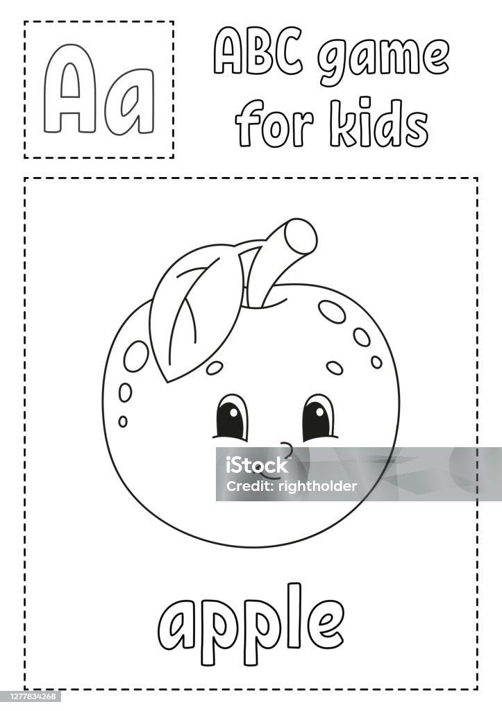 Letter a is for apple abc game for kids alphabet coloring page cartoon character word and letter vector illustration stock illustration