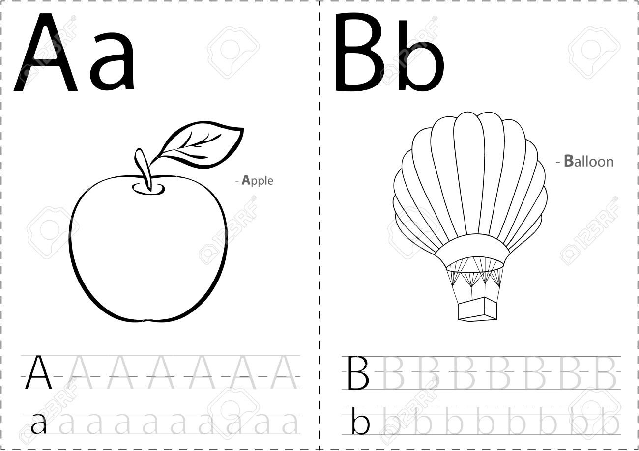 Cartoon apple and balloon alphabet tracing worksheet writing a
