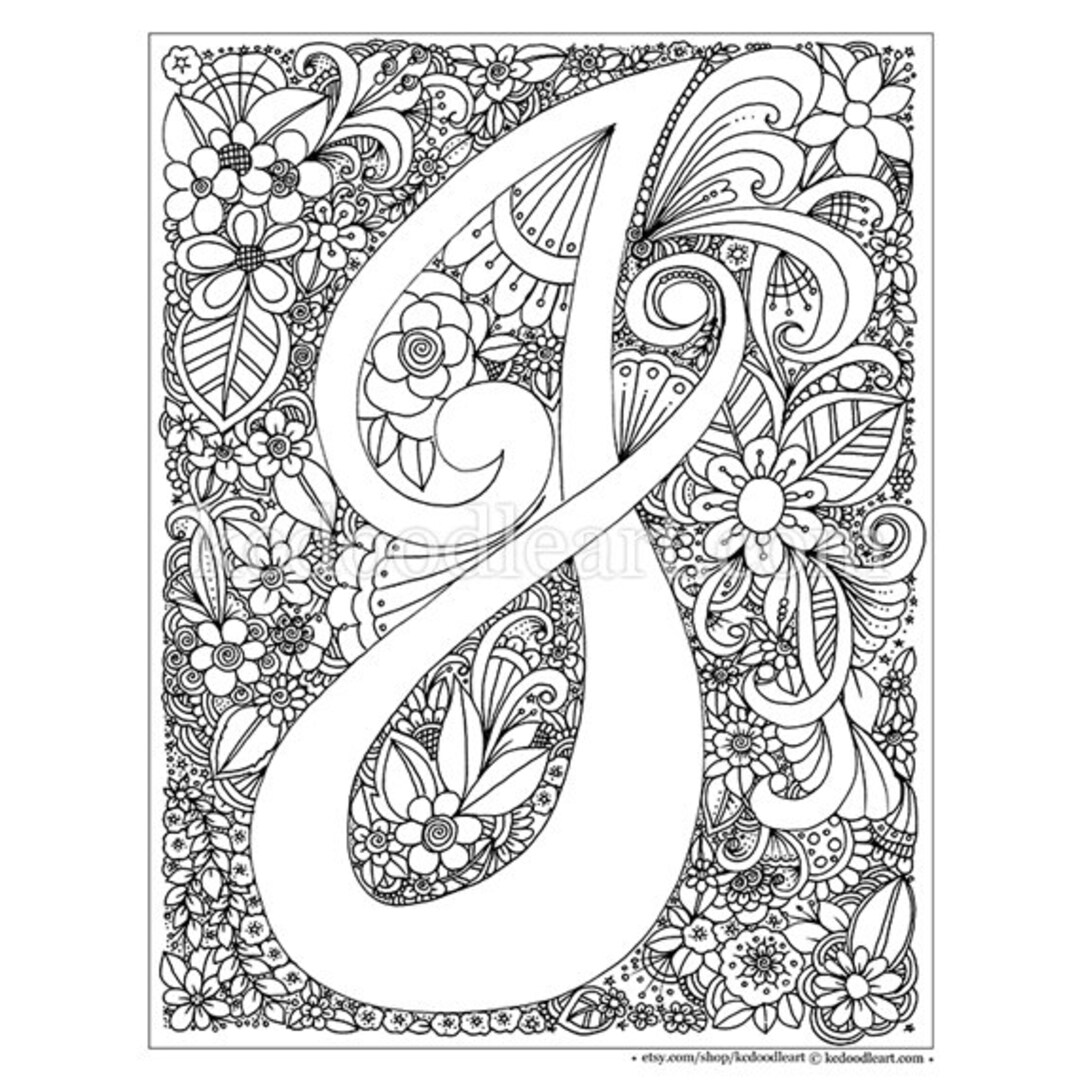 Instant digital download adult coloring page letter j instant download