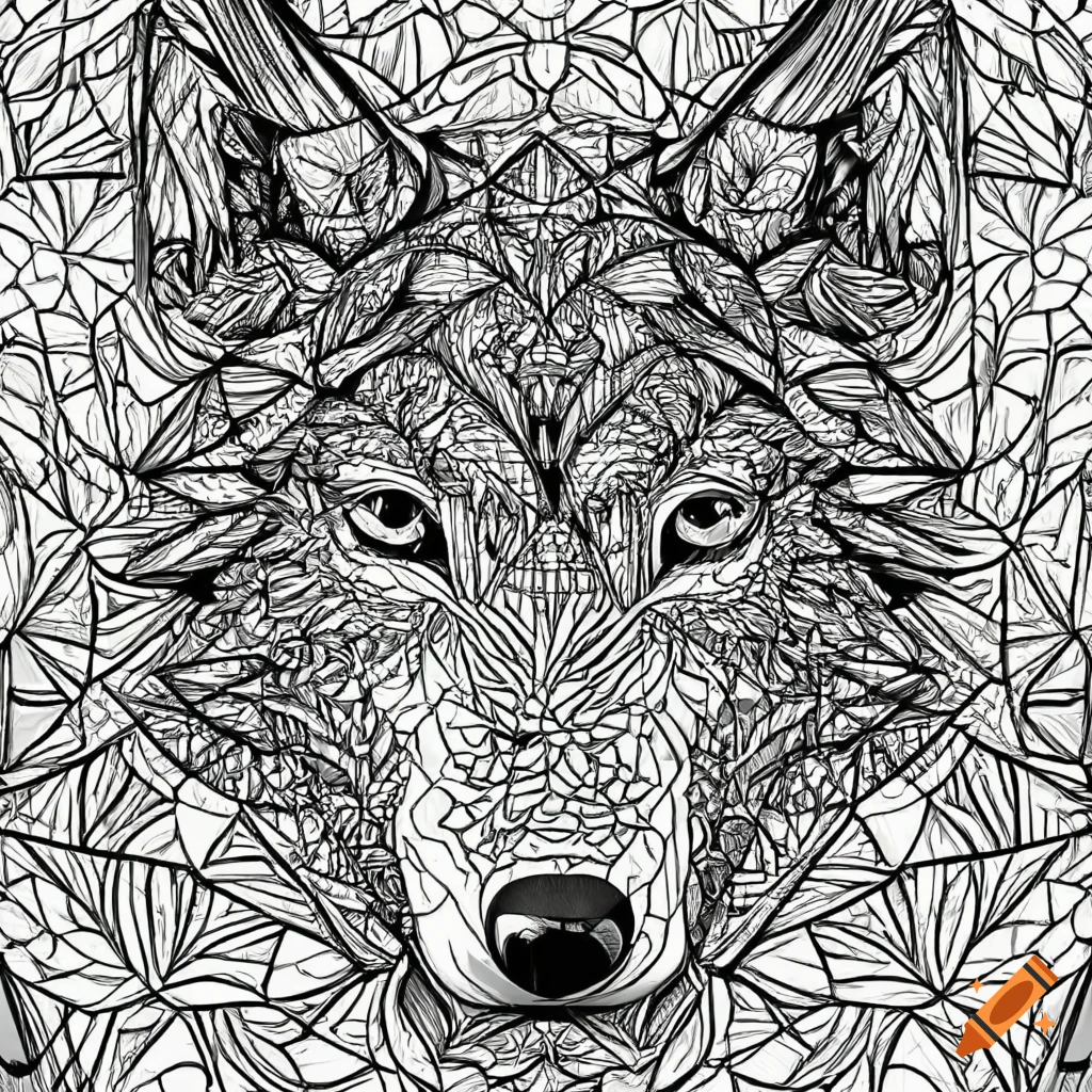 Coloring pages for adults wolf posed of geometric shapes in a forested background with a river simple design no shading medium level of detail black and white no color letter size on