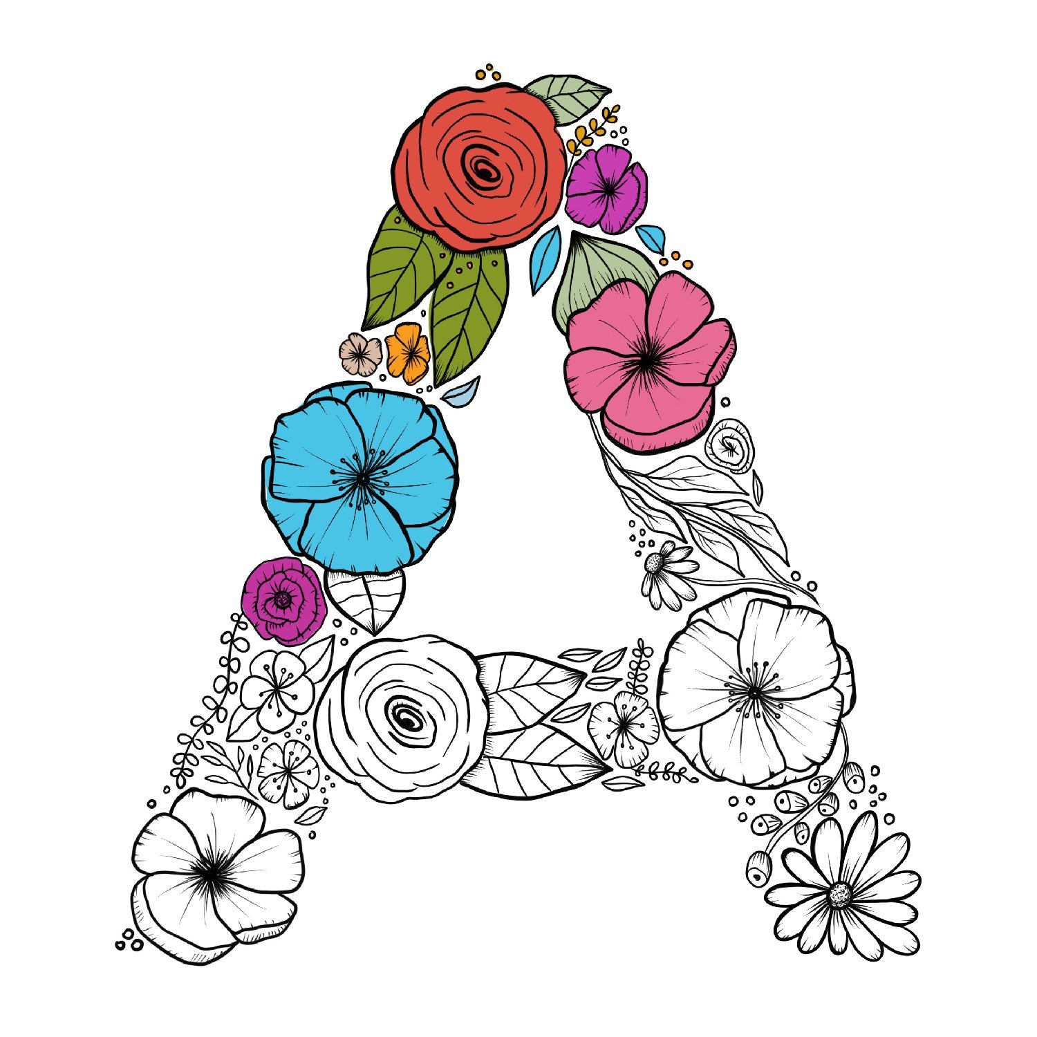 Letter a floral coloring page free printable