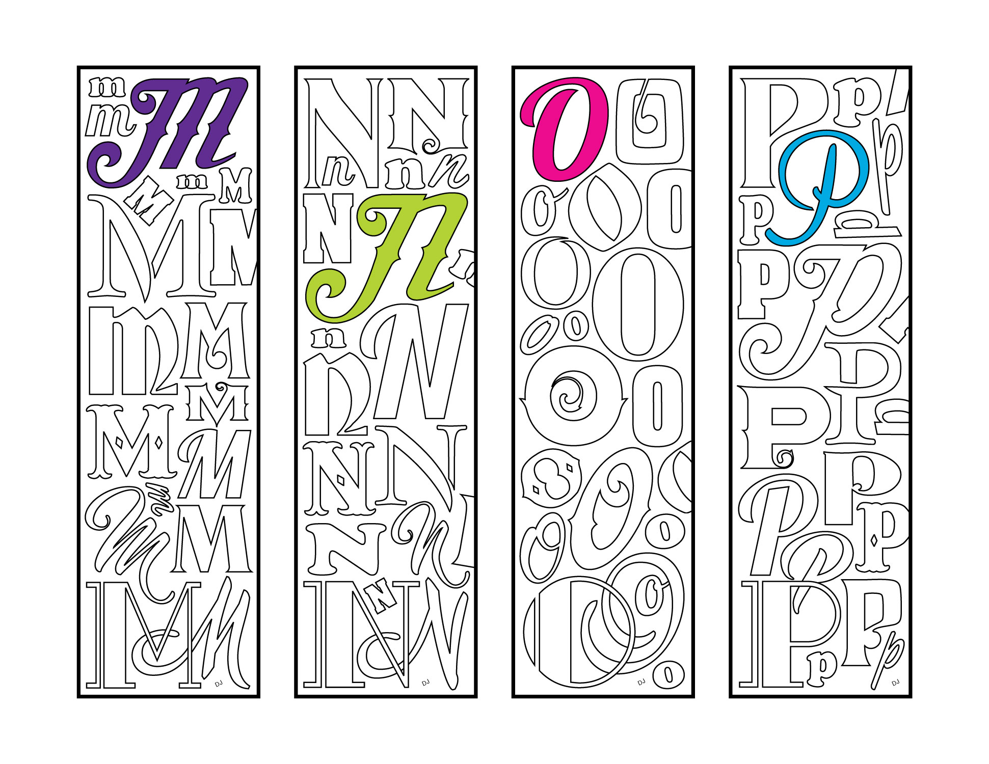 M n o p â monogram alphabet letter bookmarks â pdf zentangle coloring page â scribble stitch