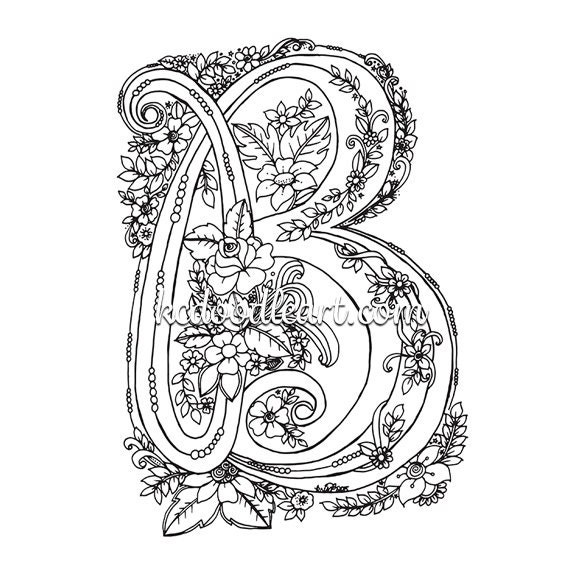 Instant digital download coloring page for adults and children letter b with flower designs