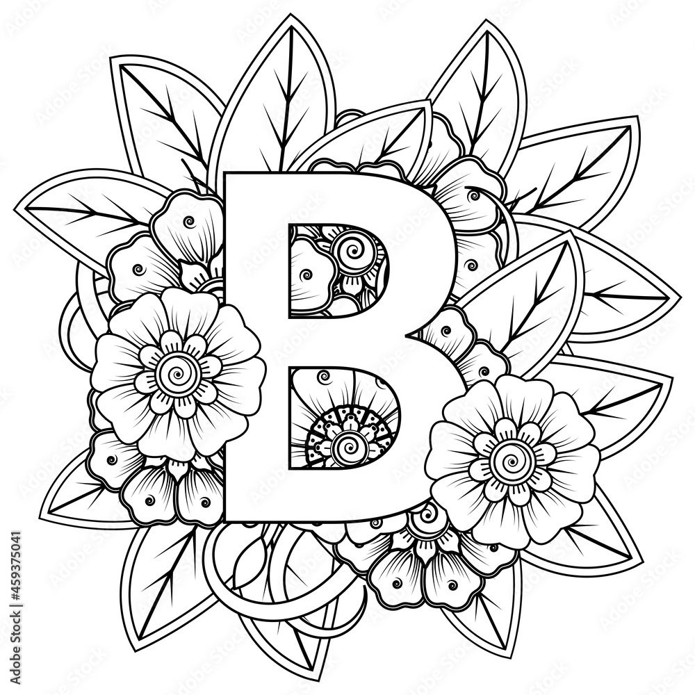 Letter b with mehndi flower decorative ornament in ethnic oriental style coloring book page vector de