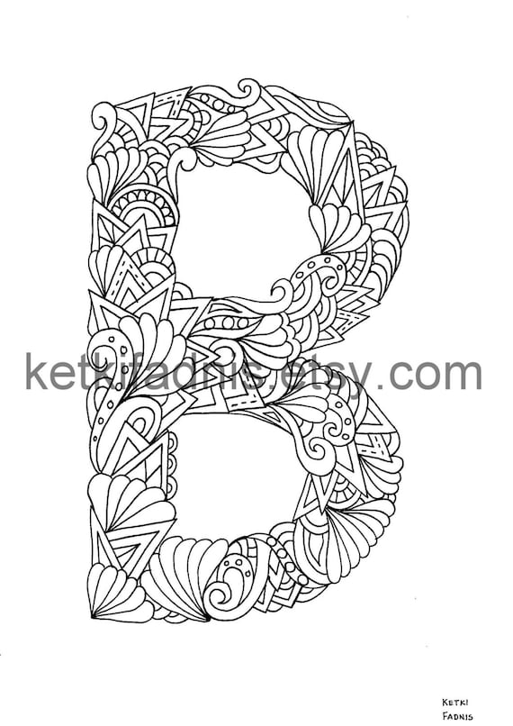 Letter b coloring page instant pdf download alphabet coloring page hand drawn diy printable coloring page letter illustration