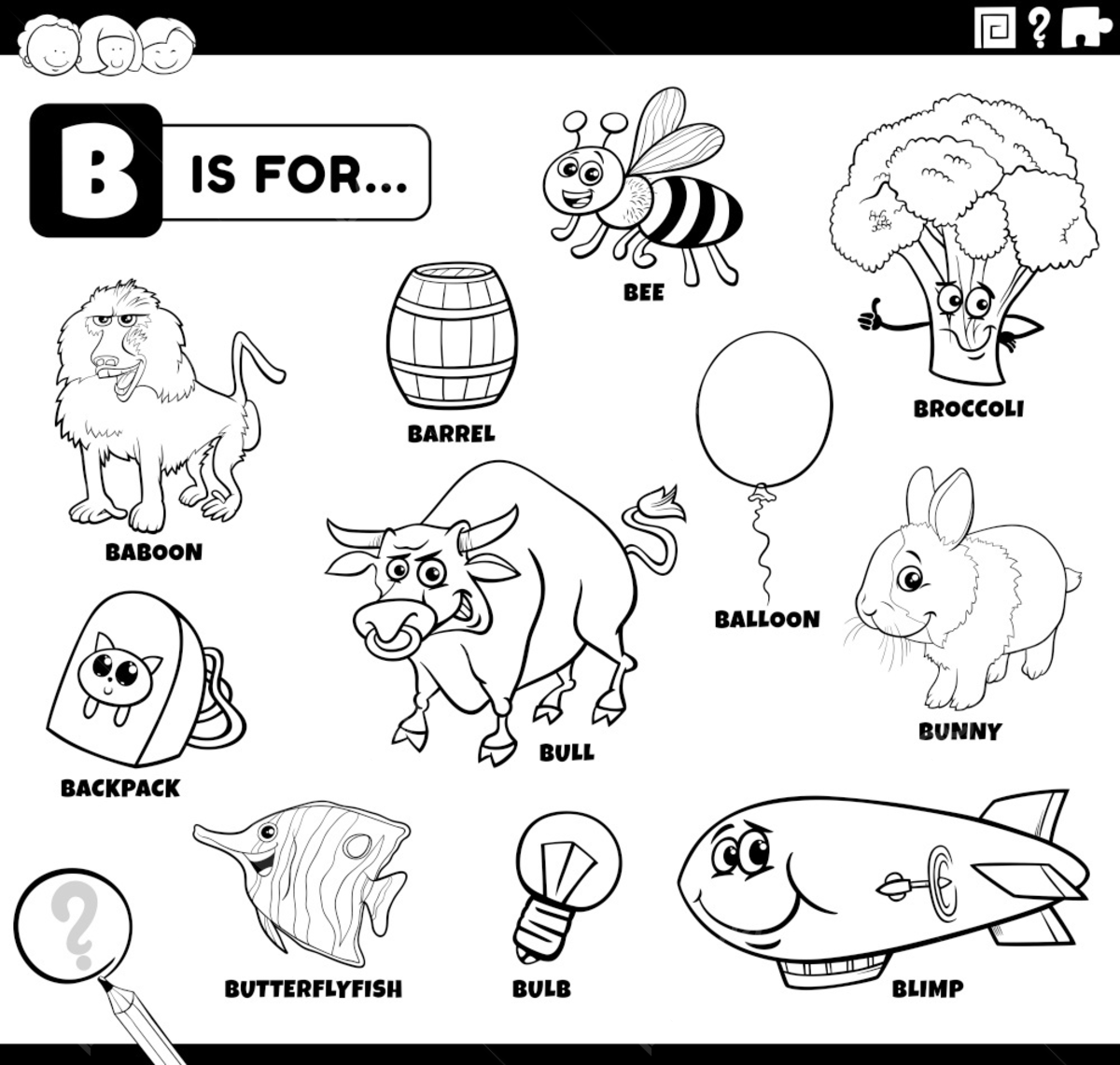 Black and white educational cartoon illustration of ic characters and objects starting with letter b set for children coloring book page template download on