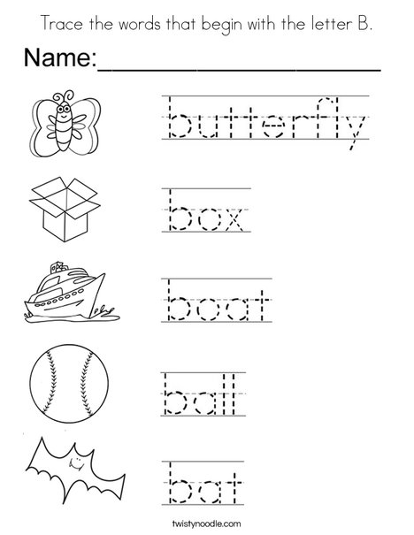 Trace the words that begin with the letter b coloring page