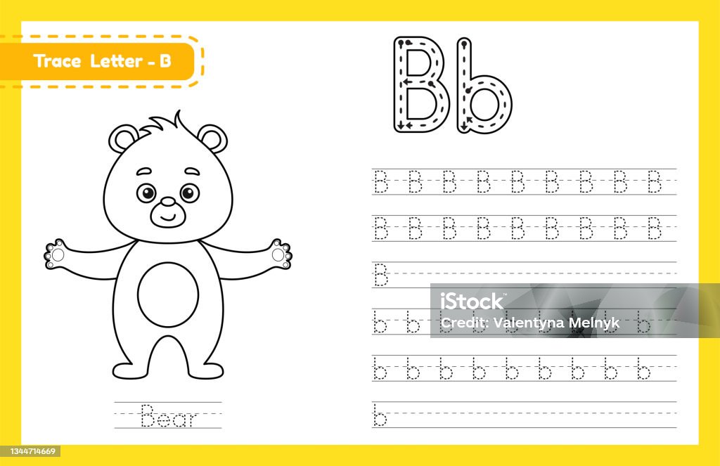 Trace letter b uppercase and lowercase alphabet tracing practice preschool worksheet for kids learning english with cute cartoon animal coloring book for pre k kindergarten vector illustration stock illustration