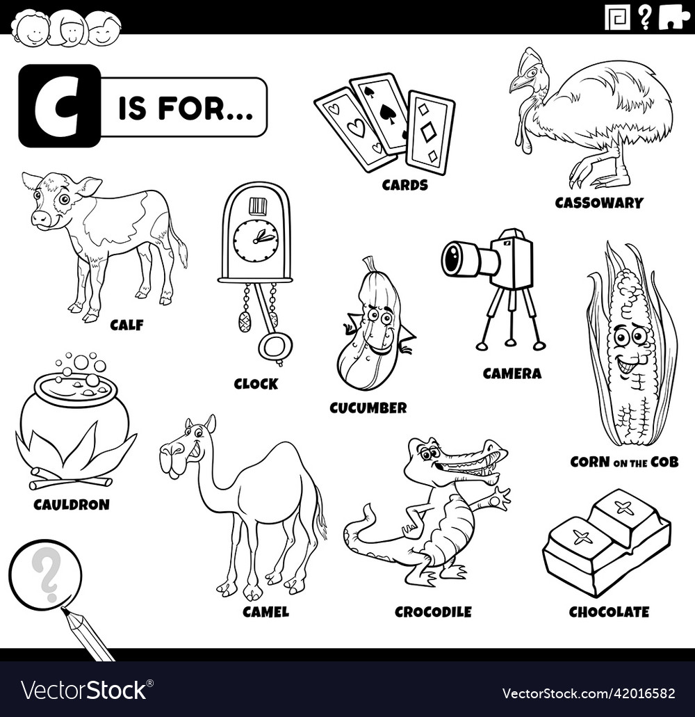 Letter c words educational set coloring book page vector image