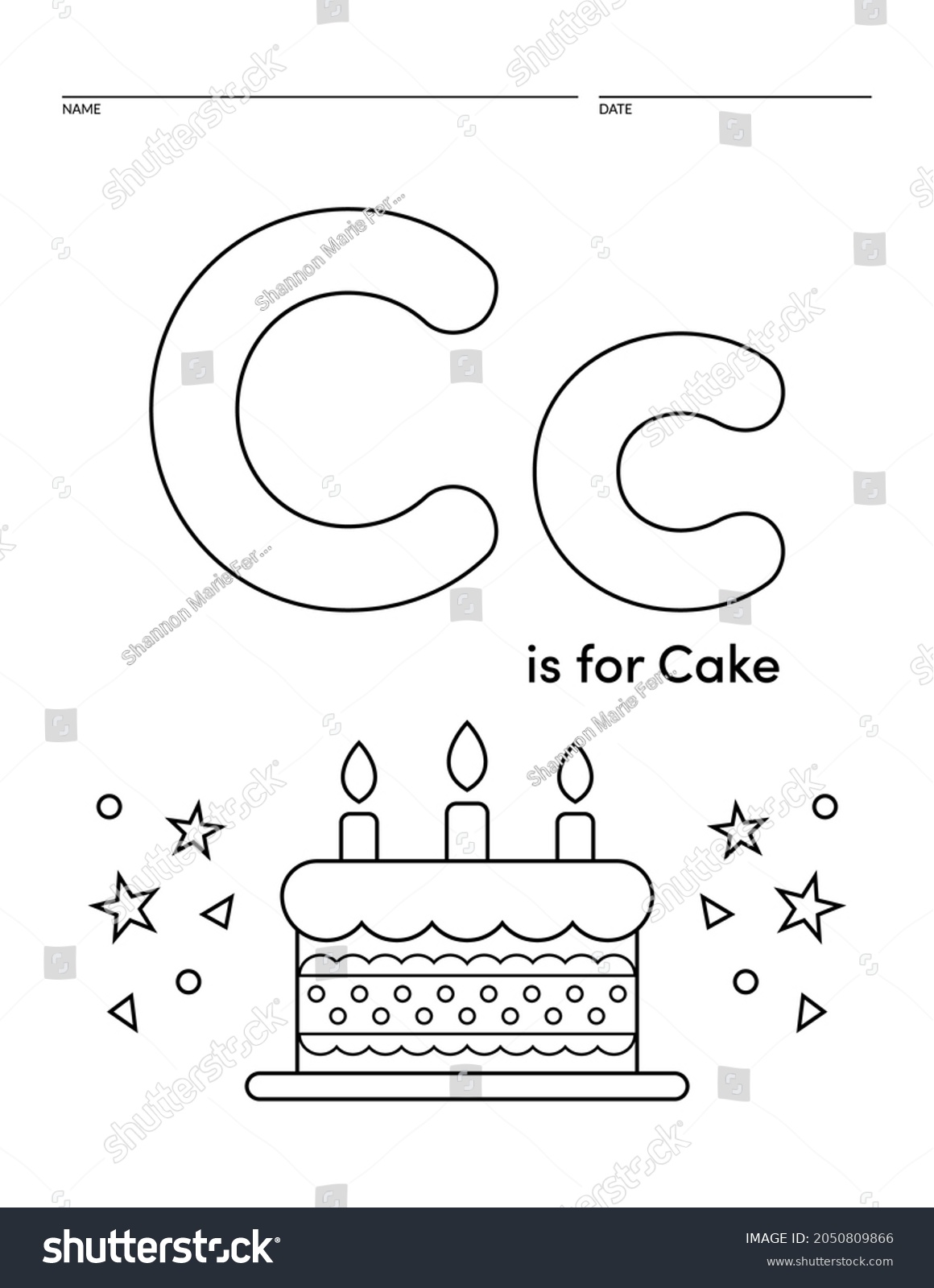 Letter c cake alphabet learning worksheet stock vector royalty free