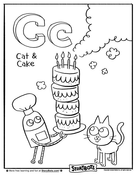 Coloring begins with c heres a coloring sheet featuring a cat and cake alphabet coloring pages abc coloring letter c coloring pages