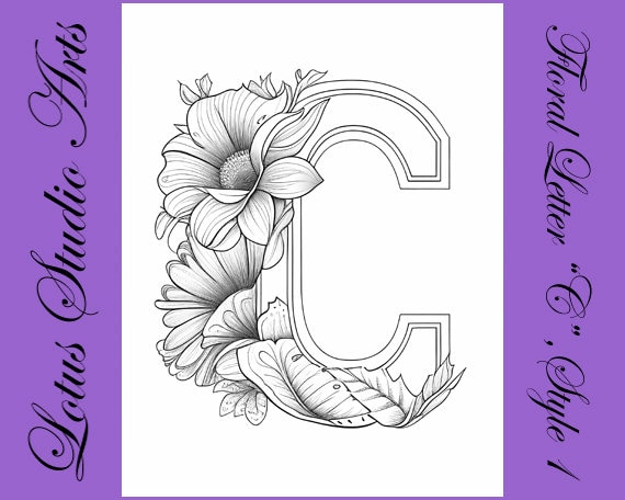 Floral letter c coloring page style downloadable printable alphabet coloring page for adults and teens great for craft projects