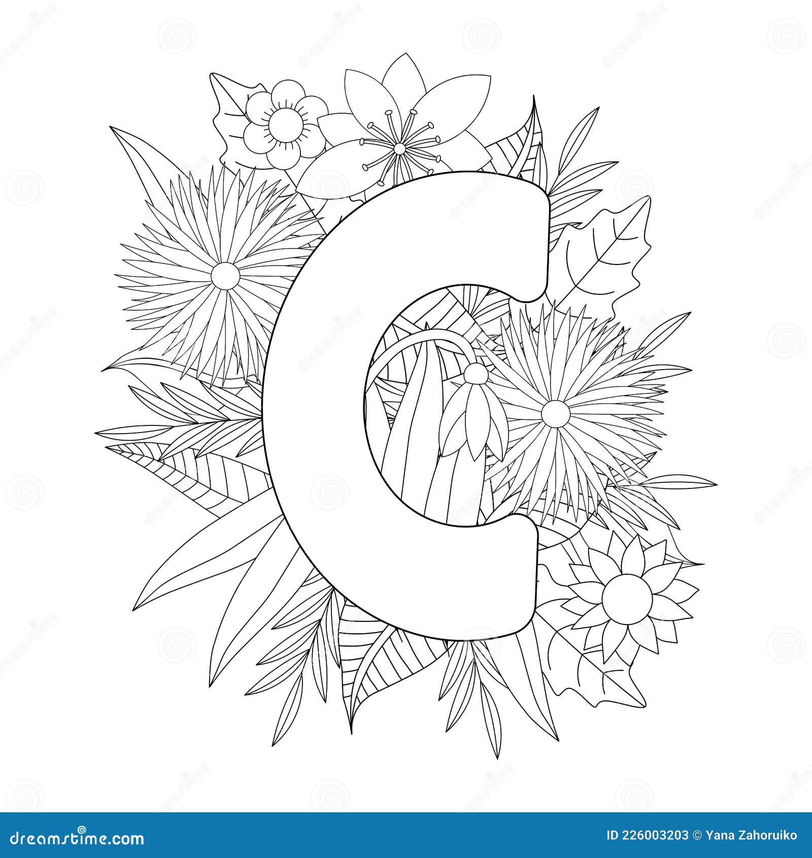 Letter c coloring page floral coloring stock vector