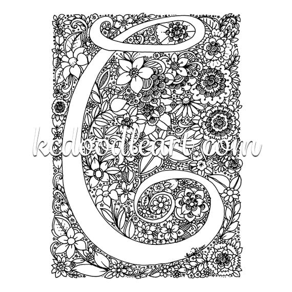 Instant digital download adult coloring page letter c with flower designs