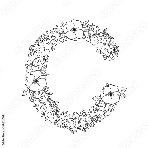 Floral alphabet letter c coloring book for adults vector illustrationhand drawndoodle style vector