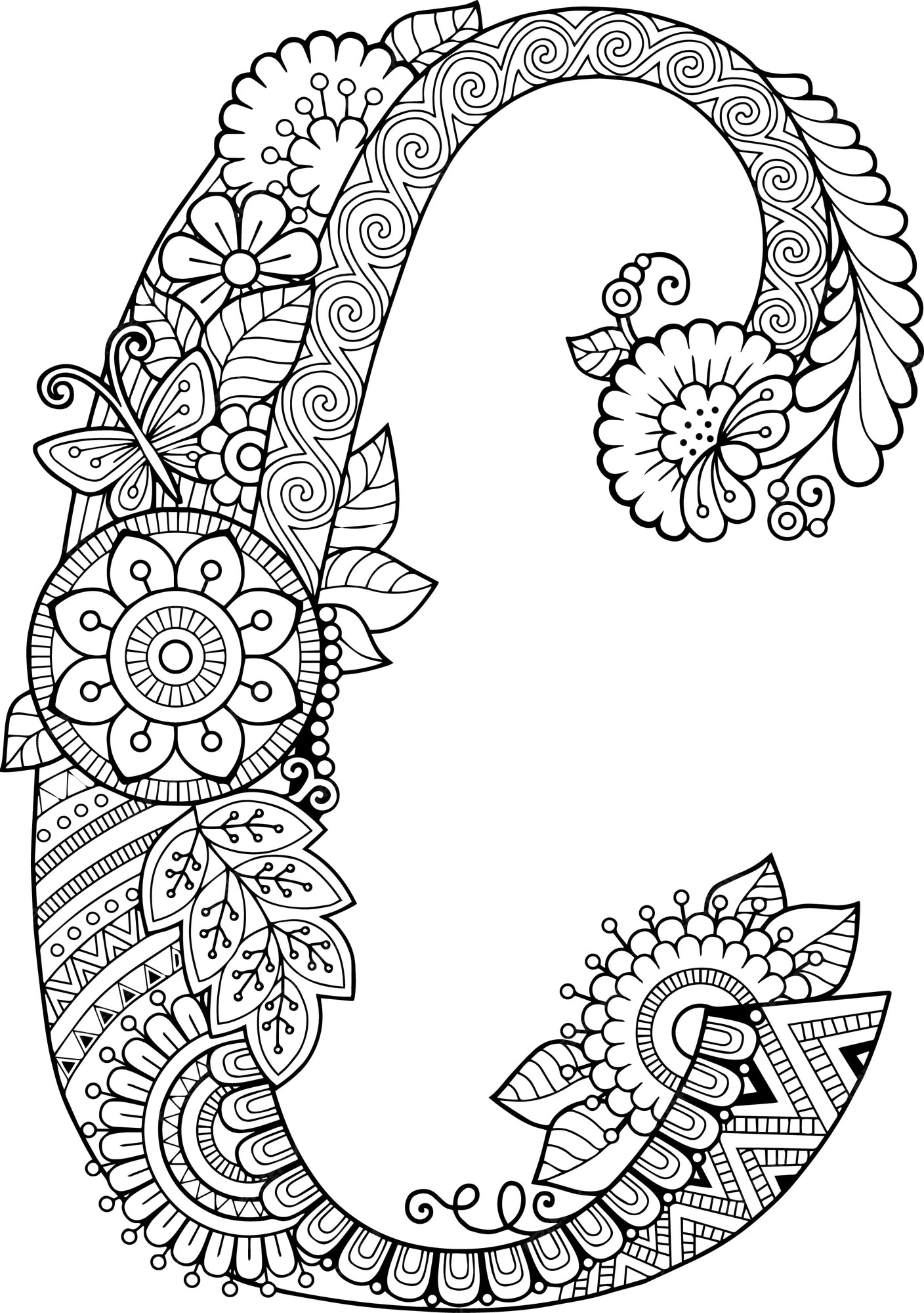 Premium vector coloring book for adults floral doodle letter c hand drawn flowers alphabet