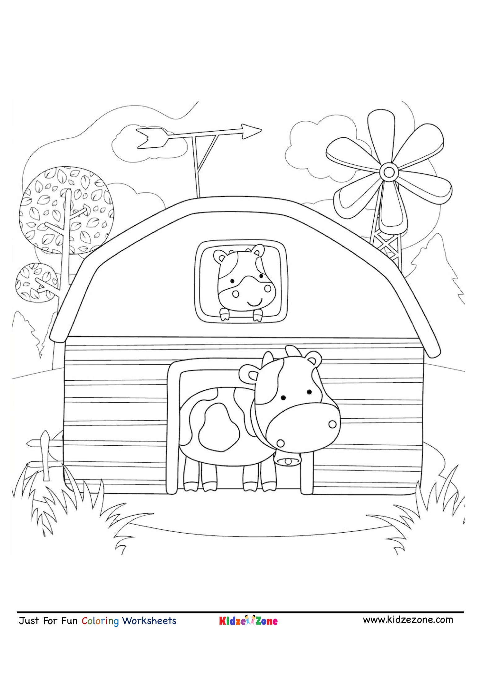 Cow in a barn cartoon coloring page