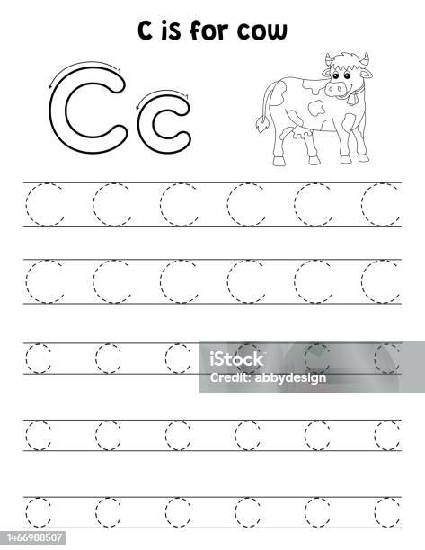 Cow animal tracing letter abc coloring page c stock illustration