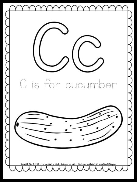 Free printable letter c is for cucumber coloring page â the art kit