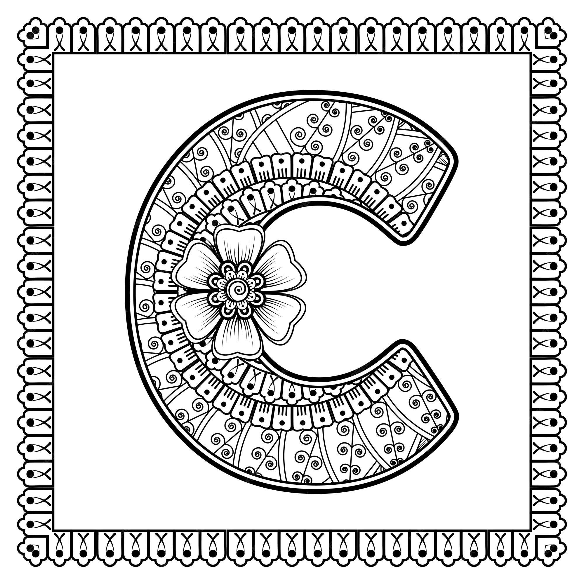 Premium vector letter c made of flowers in mehndi style coloring book page outline handdraw vector illustration