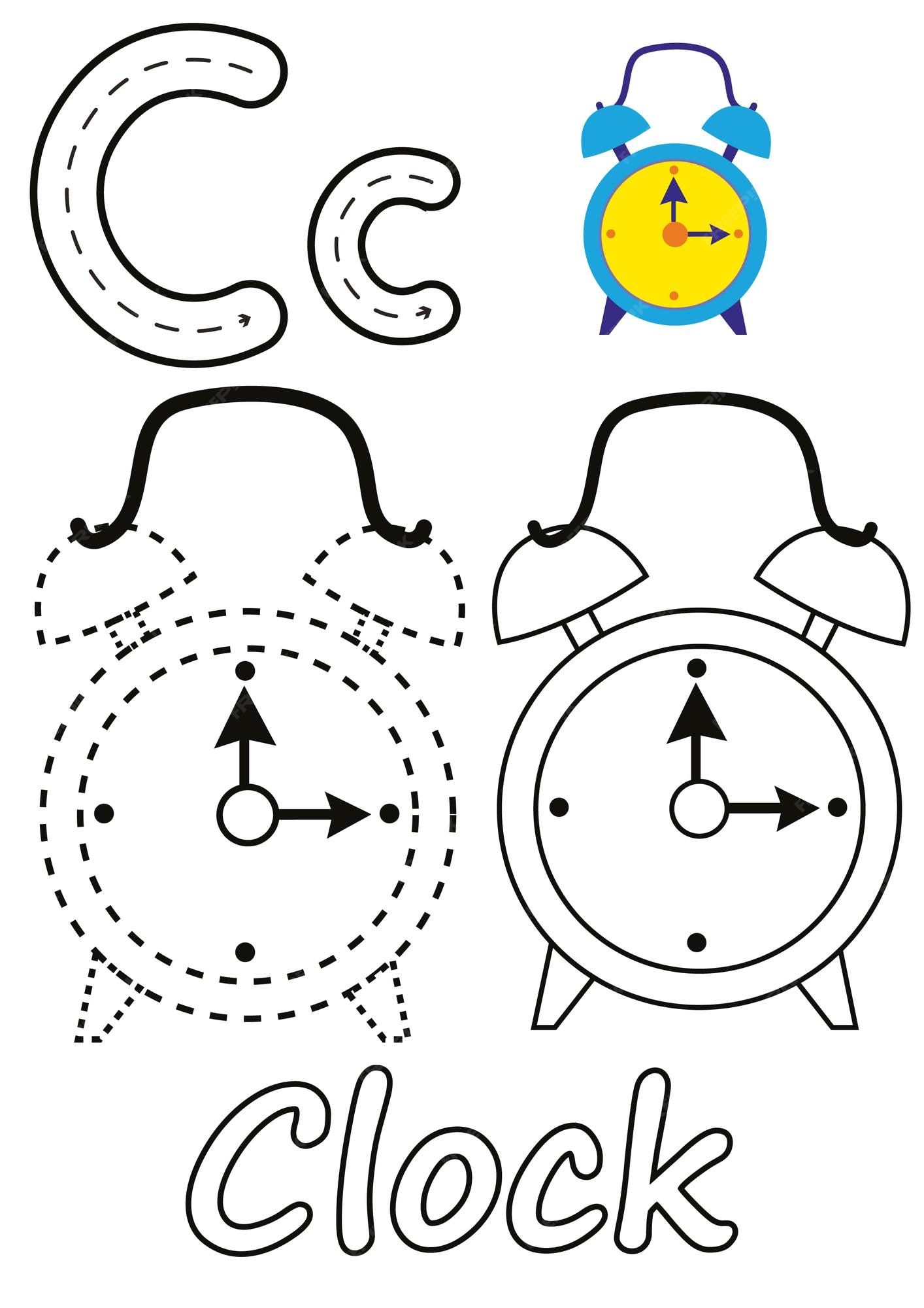 Premium vector coloring pages of clock and the letter c suitable for use in childrens coloring books