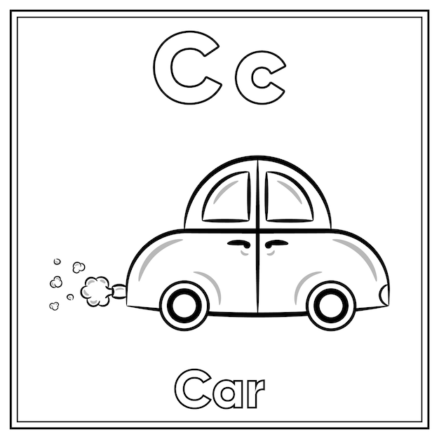 Premium vector alphabet flashcard letter c with cute car drawing sketch for coloring