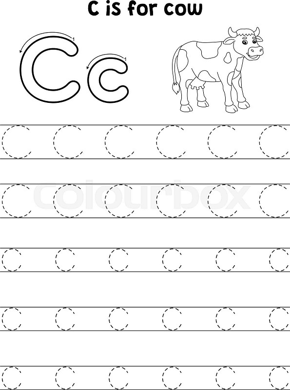 Cow animal tracing letter abc coloring page c stock vector