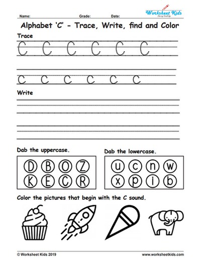 Alphabet letter c trace write find color