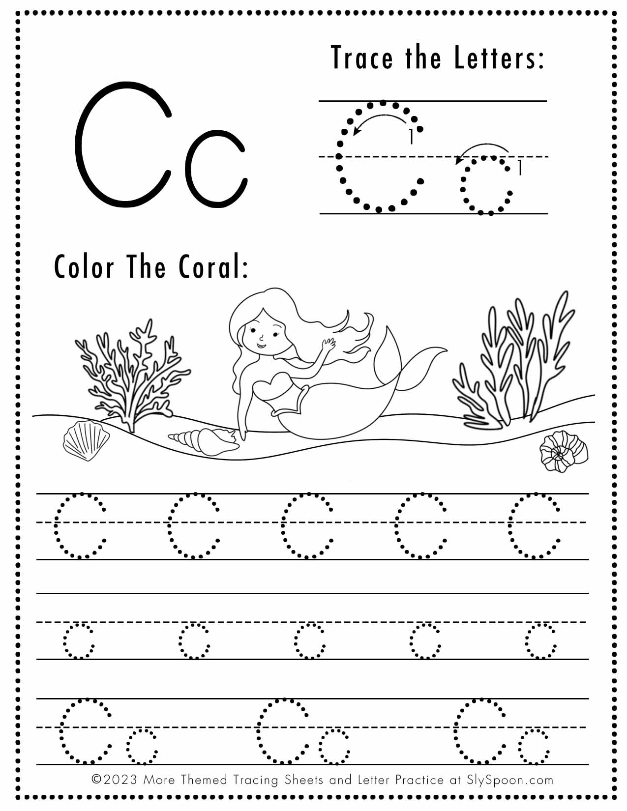 Free letter c tracing worksheets printable mermaid themed