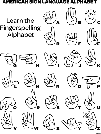 American sign language alphabet coloring page