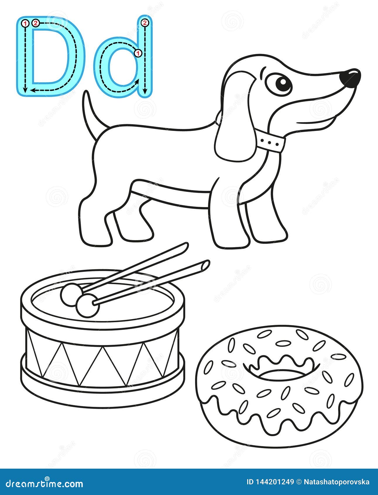 Printable coloring page for kindergarten and preschool card for study english vector coloring book alphabet letter d stock vector