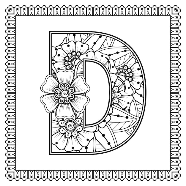 Premium vector letter d made of flowers in mehndi style coloring book page outline handdraw vector illustration