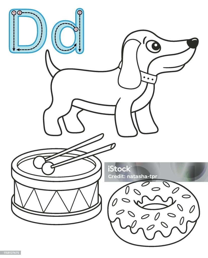 Letter d dog drum donut vector coloring book alphabet printable coloring page for kindergarten and preschool stock illustration