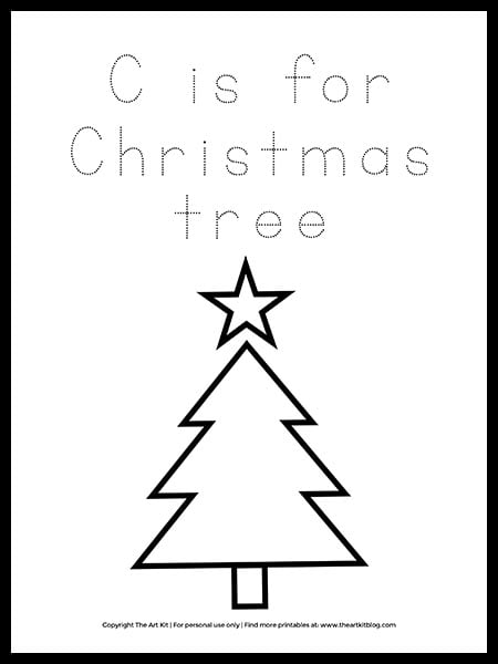 Free letter c is for christmas tree coloring page â the art kit