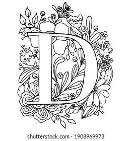 Letter d coloring antistress floral motifs stock vector royalty free