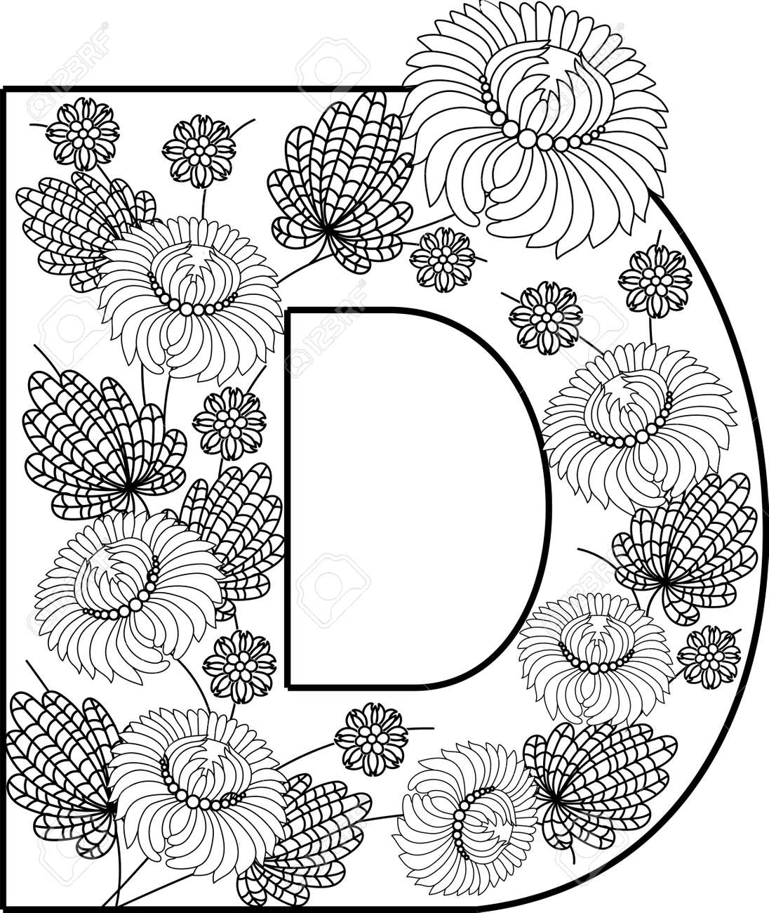 Coloring book floral ornamental alphabet initial letter d font drawn emblem for book design weeding card brand name business card restaurant boutique hotel page of adult antistress book royalty free svg cliparts