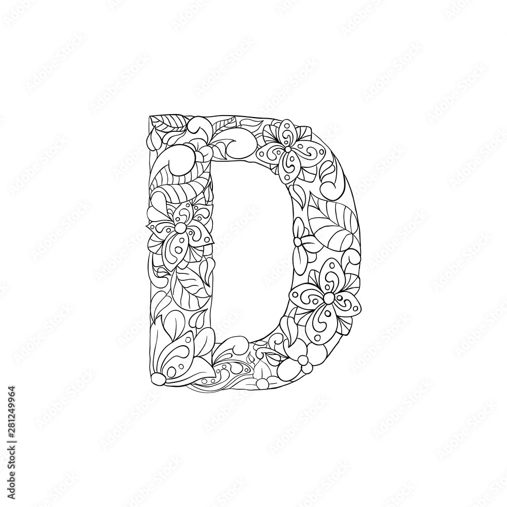 Coloring book floral ornamental alphabet initial letter d font vector typography symbol antistress page for adults and monogramsisolated poster or cover design vector