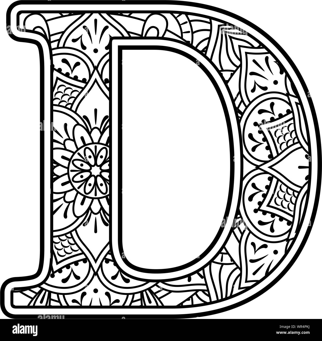 Initial d in black and white with doodle ornaments and design elements from mandala art style for coloring isolated on white background stock vector image art