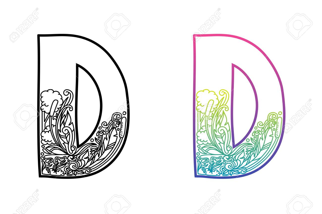 D alphabet letters hand drawing ornaments of nature and florals theme best for cosmetic and organic products two styles with black and color gradients separate layers vector illustration royalty free svg cliparts