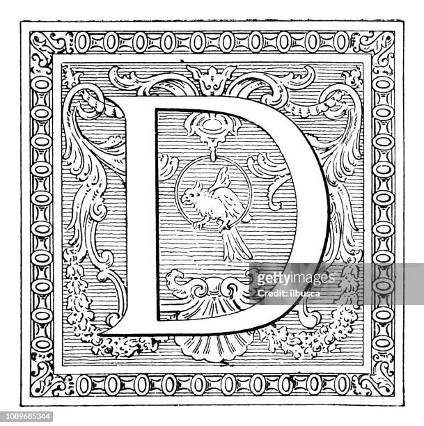 Antique art engraving illustration ornate letter d high