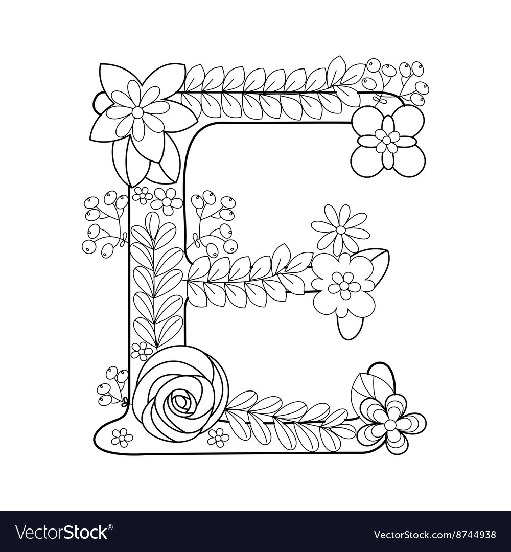 Letter e coloring book for adults royalty free vector image