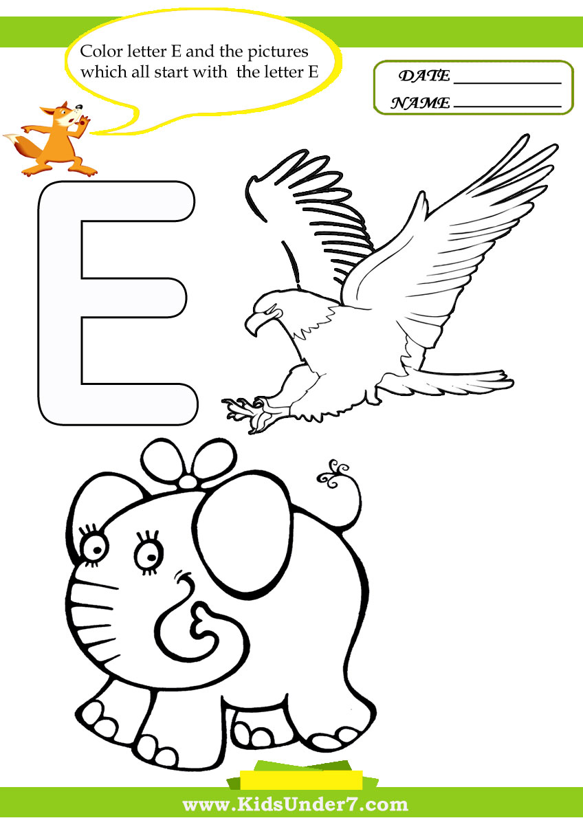 Kids under letter e worksheets and coloring pages