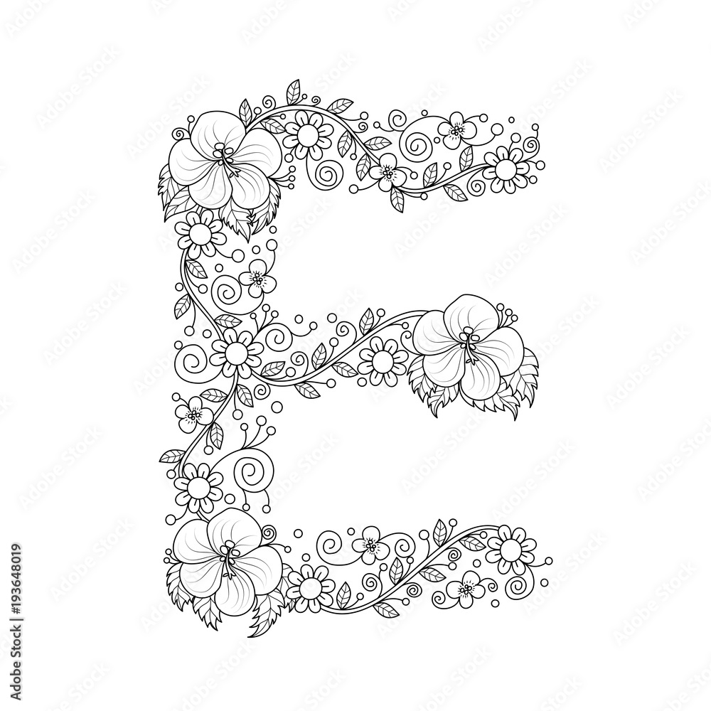 Floral alphabet letter e coloring book for adults vector illustrationhand drawndoodle style vector