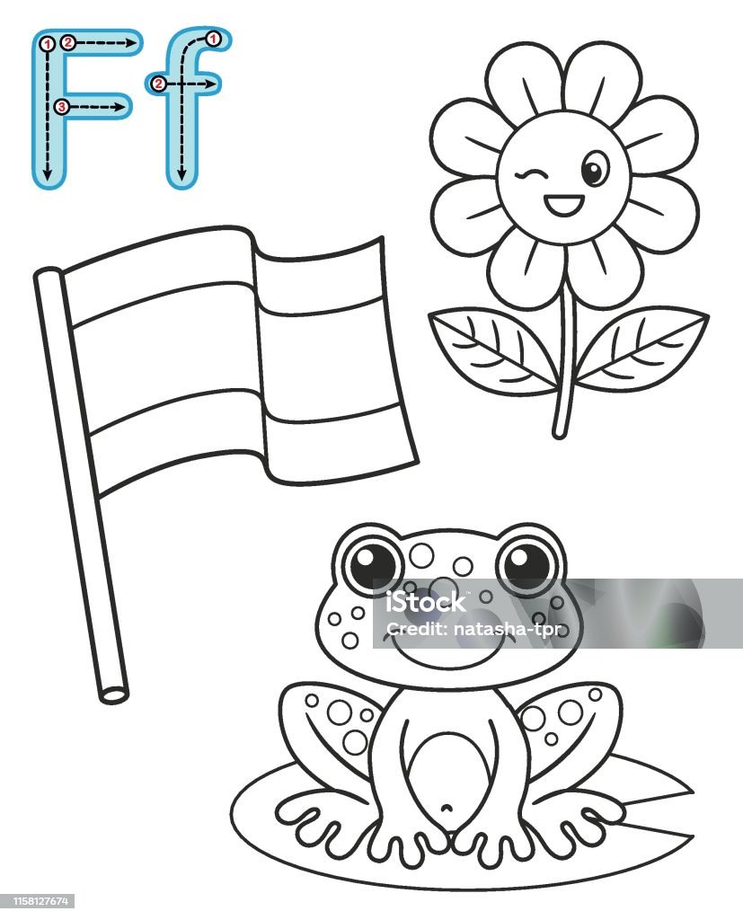 Letter f flag frog flower vector coloring book alphabet printable coloring page for kindergarten and preschool stock illustration