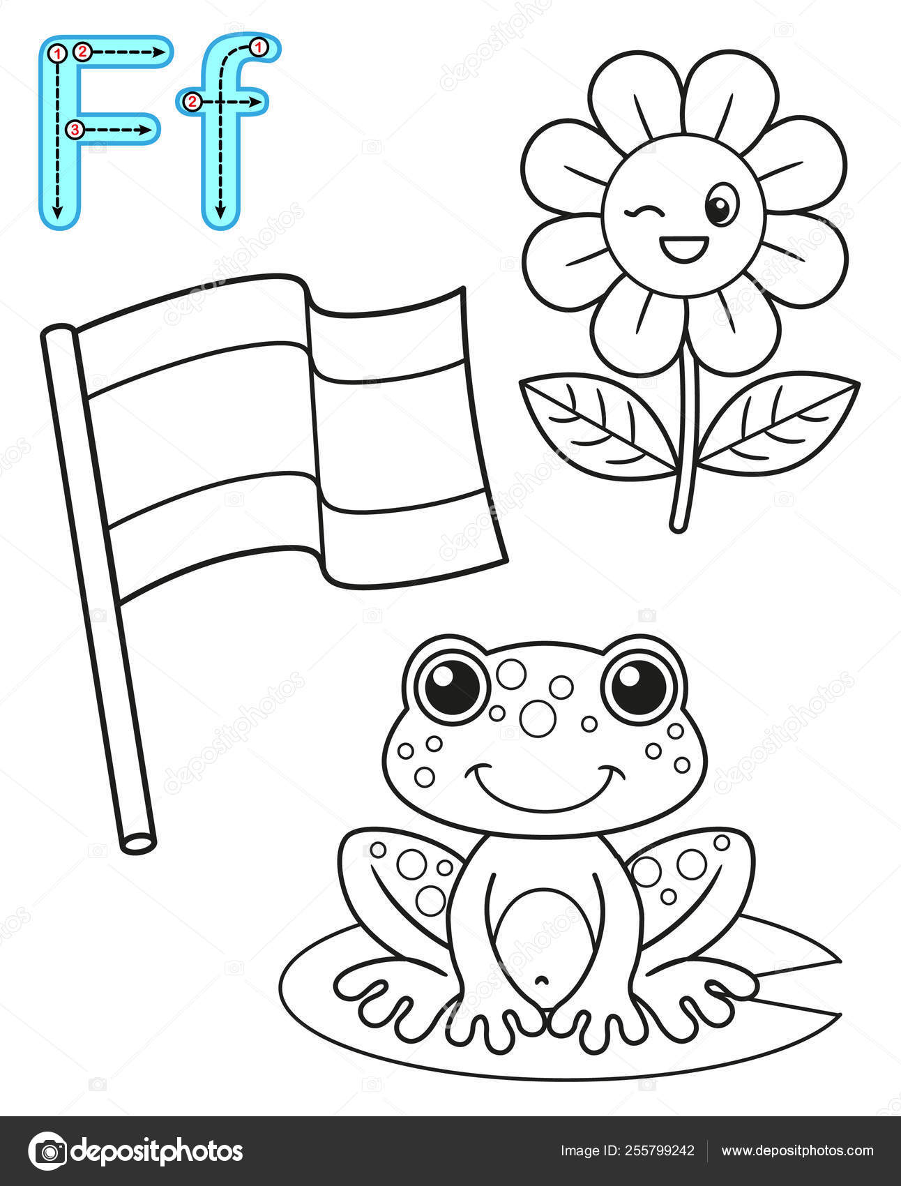 Printable coloring page for kindergarten and preschool card for study english vector coloring book alphabet letter f flag frog flower stock vector by natasha