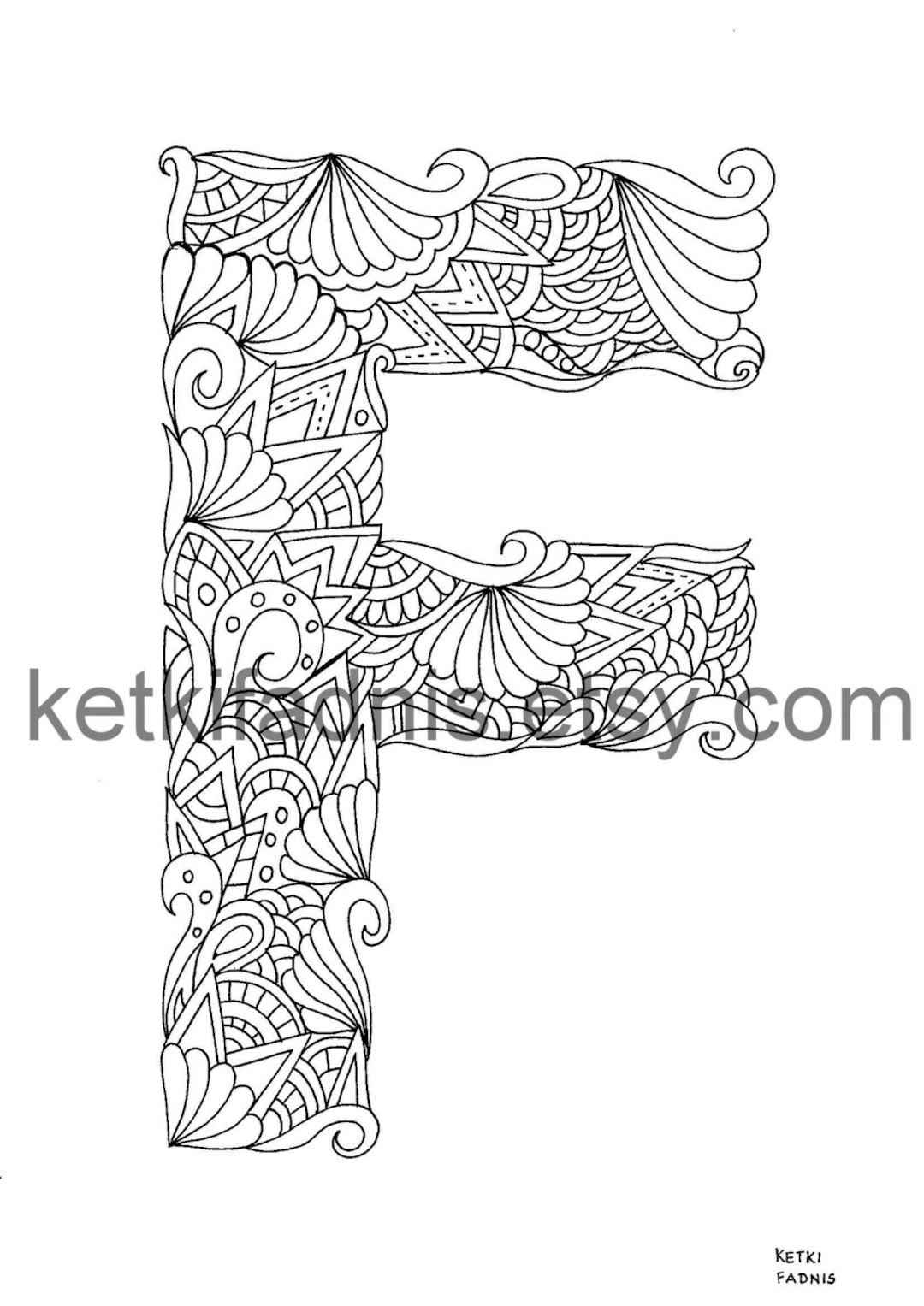 Letter f coloring page instant pdf download alphabet coloring page hand drawn diy printable coloring page letter illustration