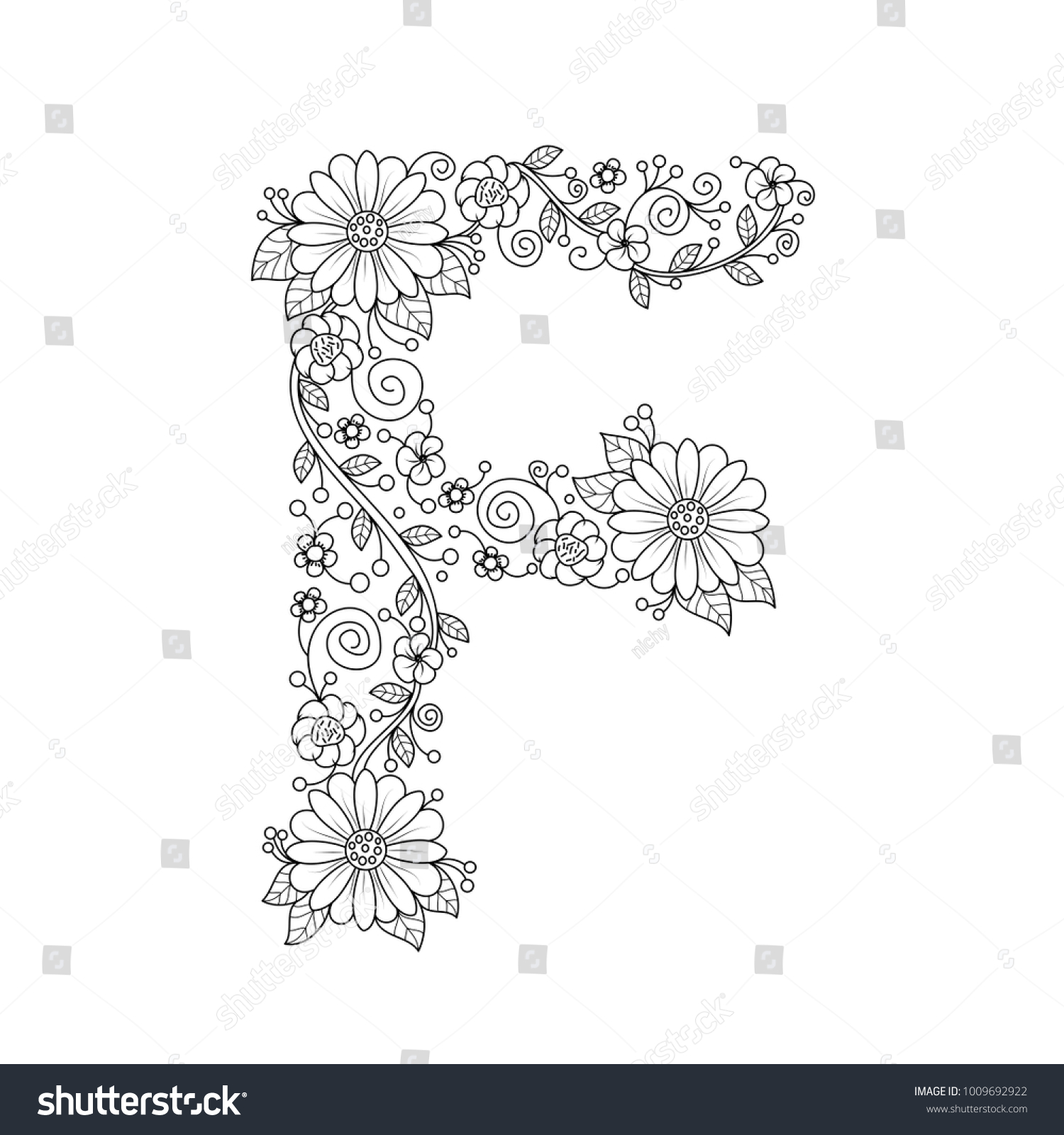 Floral alphabet letter f coloring book stock vector royalty free